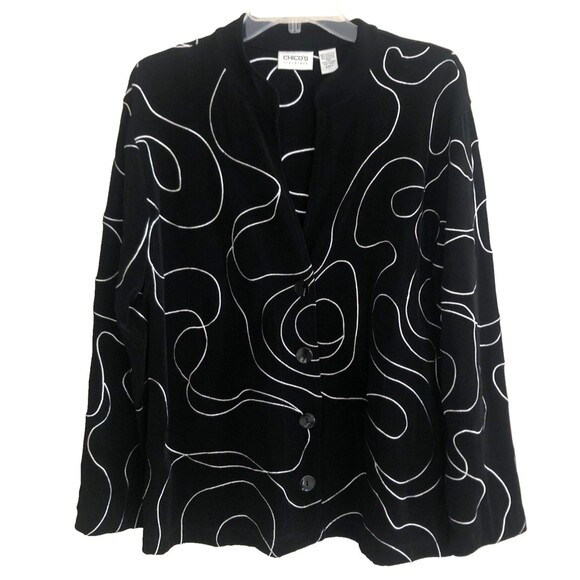 Chicos Travelers Jacket Womens Sz 3 XL Button Front Black White Embroidery Art - Picture 4 of 14